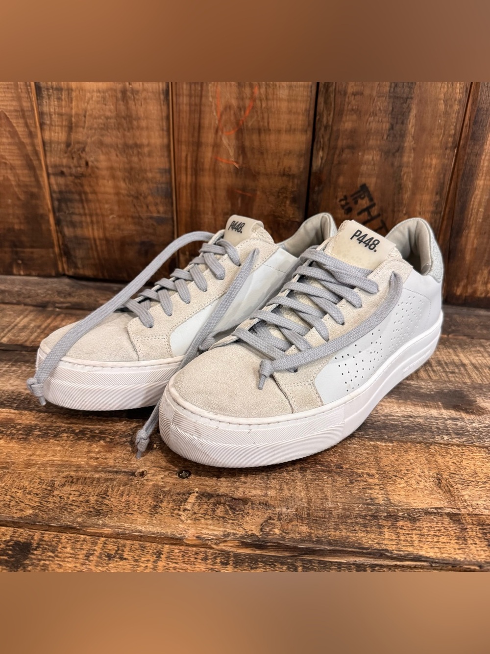 P448 Cream and Light Gray Low-Top Platform Sneakers